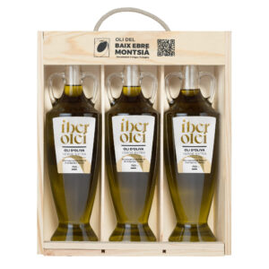 Ánfora 0,75cc aceite de oliva virgen en estuche de madera de tres unidades